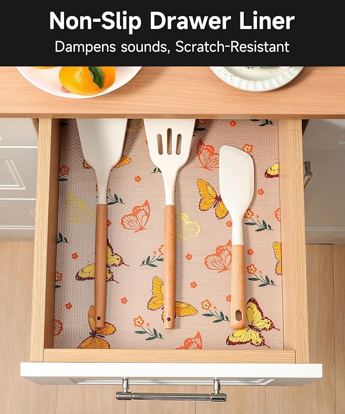 Shelf Liner for Kitchen Cabinets - Non-Adhesive Waterproof and Oil-Proof Drawer Liner, Reusable Protector for Dresser, Wire Shelf, Cupboards(Colorful Butterfly, 17.7" W x 360" L)