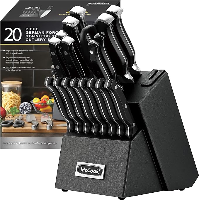 McCook® Knife Sets,German Stainless Steel Kitchen Knife Block Set with Built-in Sharpener, 20-Piece Razor-Sharp Kitchen Knives, Forged Triple Rivet,Full Tang,Ergonomic Handle,Elegant Box for Gift
