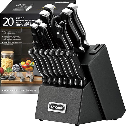 McCook® Knife Sets,German Stainless Steel Kitchen Knife Block Set with Built-in Sharpener, 20-Piece Razor-Sharp Kitchen Knives, Forged Triple Rivet,Full Tang,Ergonomic Handle,Elegant Box for Gift