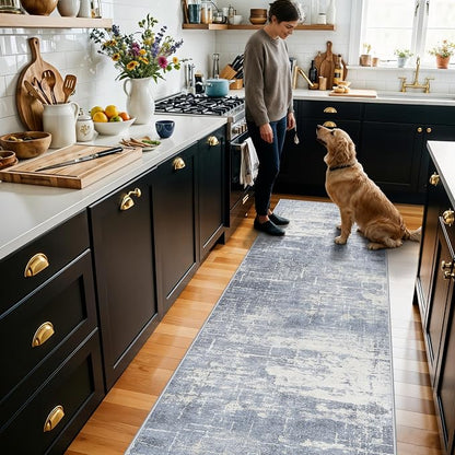 Hallway 2x8 Washable Runner Rug: Abstract Stain Resistant Kitchen Entryway Rugs Farmhouse Ultra Soft Bathroom Bedroom Print Floor Mat Thin Non-Slip Indoor Carpet for Living Room Laudry(2x8,Blue/ivory)
