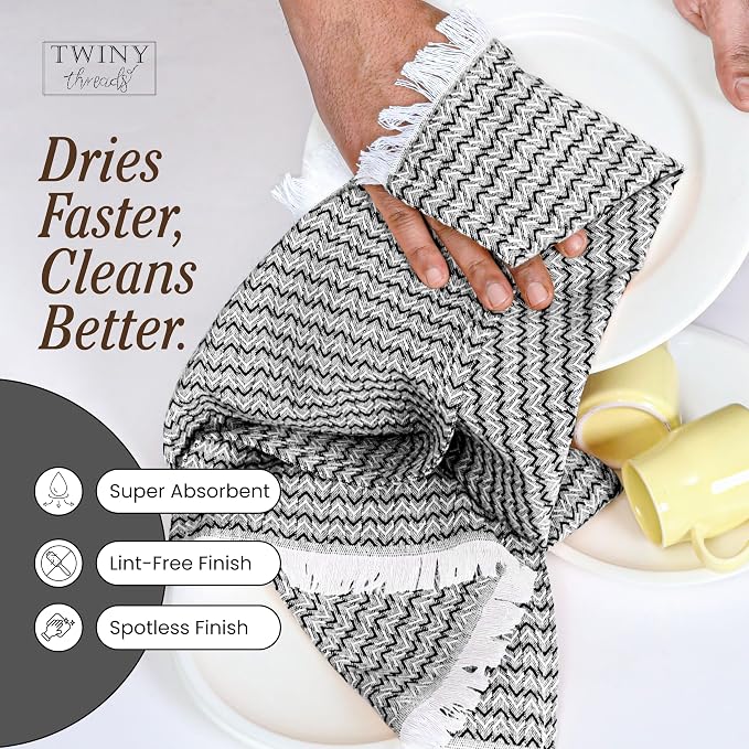TWINY threads Kitchen Towel Chevron Weave, Premium Kitchen Linen Set, Large 100% Cotton Dish Rags, Absorbent Quick Drying for Daily Use, Washable Reusable, Set of 4, 16x26 Inches, Black