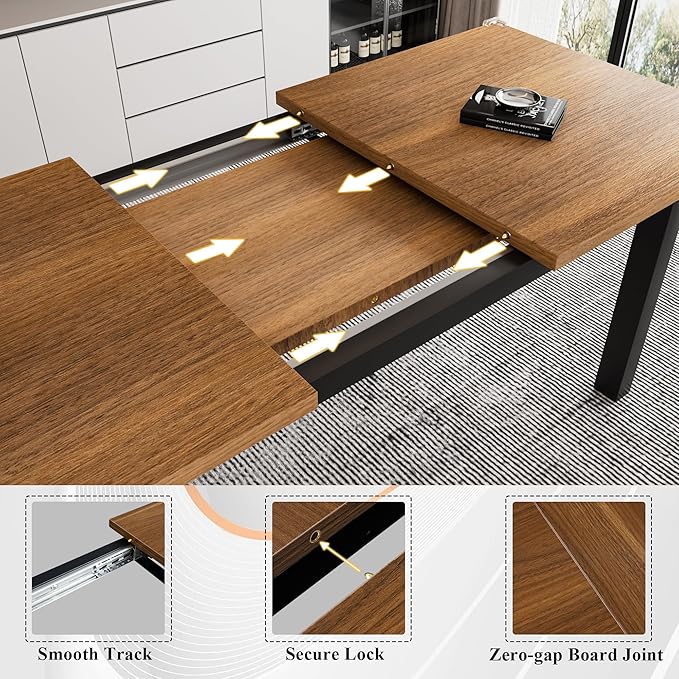 iPormis 5-Piece Dining Table Set for 4-8 People, Extendable Kitchen Table Set with 2 Benches and 2 Square Stools, Mid-Century Dining Room Table with Metal Frame & MDF Board, Saving Space, Walnut