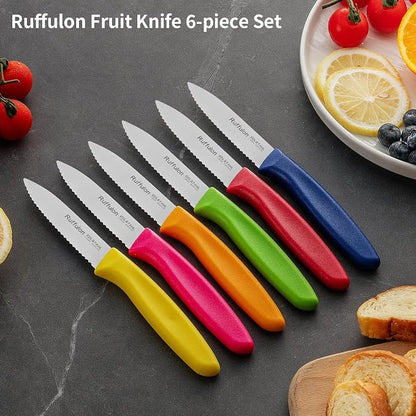 Stainless Steel Paring Knife With Serrated Blade, 6 Pieces Set Vegetable and Fruit Knife, Ultra Sharp Small Kitchen Knife, Colorful Paring Knives with PP Plastic Ergonomic Handle.