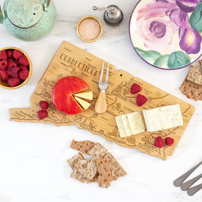 Totally Bamboo Destination Connecticut State Shaped Serving and Cutting Board, Includes Hang Tie for Wall Display