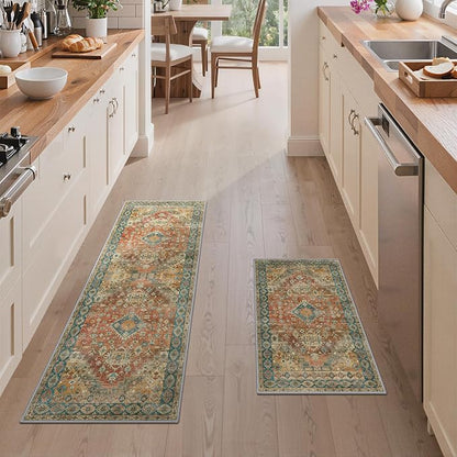 GENIMO Kitchen Rugs Non Slip Washable, 2PCS Kitchen Mats for Floor, Cushioned Standing Mat, Kitchen Runner Rug Floor Mat for Kitchen Decor, Laundry, Sink, Entryway, Home, 20"x32"+20"x59", Retrobrick