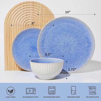 Pokini Ceramic Dinnerware Sets, Handmade Reactive Glaze Plates and Bowls Sets, Highly Chip and Crack Resistant Dish Set, Distinctive Granulated Surface Dishwasher & Microwave Safe Service for 4