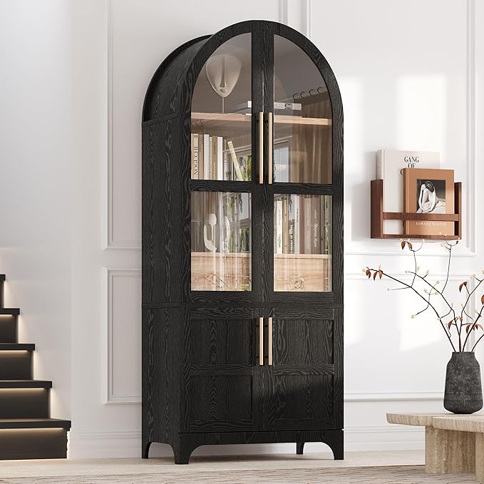 VilroCaz 71" Tall Arched Kitchen Pantry with Glass Doors and a Large Drawer, Farmhouse Kitchen Storage Cabinet with Open & Adjustable Shelves, Cupboard for Dining Room (Black-6.4)