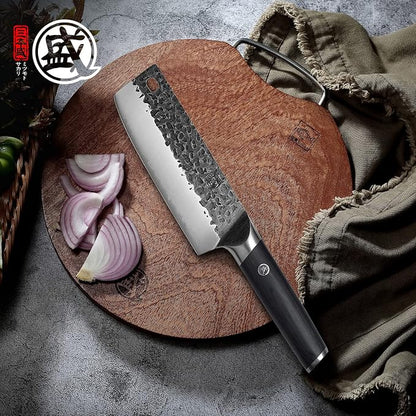 MITSUMOTO SAKARI 7-Inch Japanese Nakiri Knife, SKD-11 Steel | Wide 2mm Nakiri blade for vegetable push cuts, 3-layer SKD-11 steel, textured finish, pakkawood handle