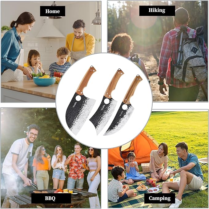 VRUIFA 3 PCS Butcher Knife Set (Serbian, Meat Cleaver, Viking), Hand Forged with Premium Stainless Steel Blades, Ergonomic Wooden Handle Kitchen Knife Set for Home,BBQ, and Camping