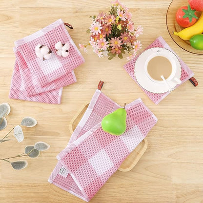 Homaxy 100% Cotton Waffle Weave Check Plaid Dish Cloths, 12 x 12 Inches, Super Soft and Absorbent Dish Towels Quick Drying Dish Rags, 6-Pack, White & Pink