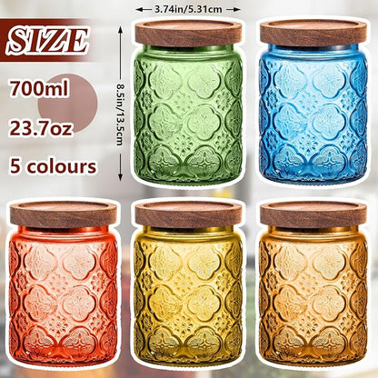 Outus 5 Pcs 23.7oz Vintage Glass Jar with Lids Colored Glass Canisters Jars with Airtight Wooden Lids for Kitchen Counter Flour Sugar Cookie Coffee Tea Storage Containers