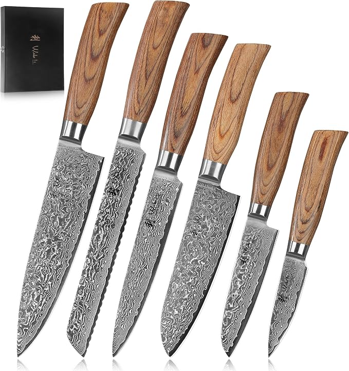 Wakoli EDIB Pro 6-Piece Damascus Knife Set, VG10 Core 67-Layer Damascus Steel Kitchen Knives with Ergonomic Pakkawood Handles, Chef Knife Set in Elegant Gift Box, Hand Wash Only