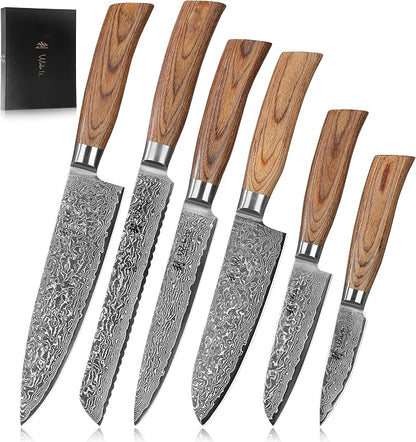 Wakoli EDIB Pro 6-Piece Damascus Knife Set, VG10 Core 67-Layer Damascus Steel Kitchen Knives with Ergonomic Pakkawood Handles, Chef Knife Set in Elegant Gift Box, Hand Wash Only