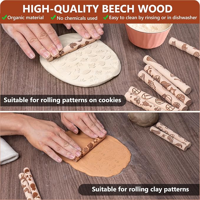 10pcs Wooden Clay Texture Rollers Set for Pottery & Ceramics - Popular Patterns - Potters Stamp Roller Tools for Ceramic Slabs - Textured Rolling Modeling Pins (0.63" x 5" inch)