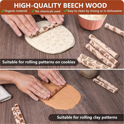 10pcs Wooden Clay Texture Rollers Set for Pottery & Ceramics - Popular Patterns - Potters Stamp Roller Tools for Ceramic Slabs - Textured Rolling Modeling Pins (0.63" x 5" inch)