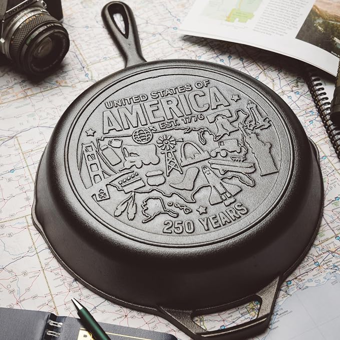 Lodge 10.25 Inch Cast Iron Skillet – Pre-Seasoned Frying Pan with Teardrop Handle – Oven, Stovetop, Grill & Campfire Use – Made in USA – Non-Toxic, Even-Heating Cookware – 250th Anniversary Logo