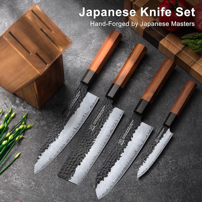 FAMCüTE Japanese Knife Block Set, Hand Forged 5-Layer 9CR18MOV Clad Steel Ultra Sharp Kitchen Knives with Wooden Storage & Rosewood Handle, Includes Chef, Santoku, Nakiri, Fruit Knife for Home Mom/Dad