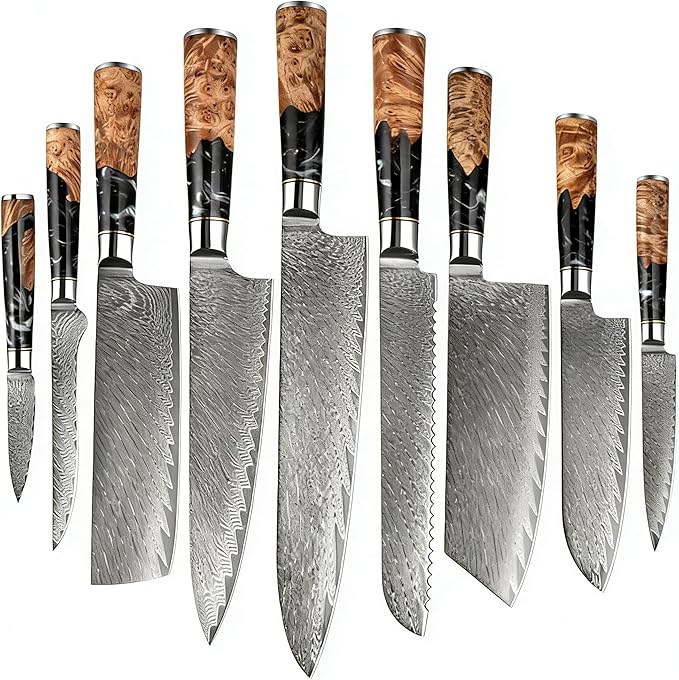 9 PCS Damascus Kitchen Knife Set - 67-Layer High-Carbon Damascus Steel, Pro Chef/Slicing/Utility/Paring Knives & Sharp Cleaver, Ergonomic Rosewood Handles, Ideal for Home/Pro Cooks (Black 9J)