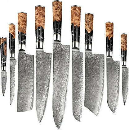 9 PCS Damascus Kitchen Knife Set - 67-Layer High-Carbon Damascus Steel, Pro Chef/Slicing/Utility/Paring Knives & Sharp Cleaver, Ergonomic Rosewood Handles, Ideal for Home/Pro Cooks (Black 9J)