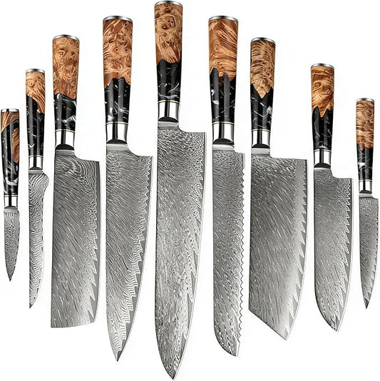 9 PCS Damascus Kitchen Knife Set - 67-Layer High-Carbon Damascus Steel, Pro Chef/Slicing/Utility/Paring Knives & Sharp Cleaver, Ergonomic Rosewood Handles, Ideal for Home/Pro Cooks (Black 9J)