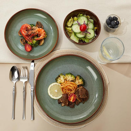 Pokini 36 Piece Stoneware Dinnerware Sets, Ceramic Plates and Bowls Set, Microwave & Dishwasher Safe Kitchen Dish Set, Modern Dinner Salad Plates | Cereal Bowls for 12, Dishware Sets Sage Green