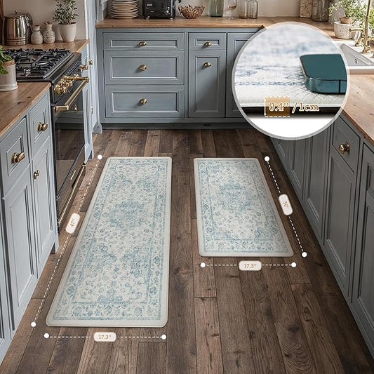 Anti Fatigue Kitchen Mats 2PCS Blue Neutral Mats for Cushioned Vintage Kitchen Matss for Floor Non-Slip Waterproof Comfort Standing Rug for Sink Laundry Office 17.3"×47"+17.3"×30"