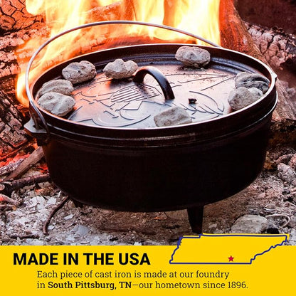 Lodge Seasoned Cast Iron Camp Dutch Oven with Lid - 6 Quart - Dual Handles - Seasoned Cast Iron Cookware with Steel Handle & Strong Lid for Heavy-Duty Camping Cookware - Boy Scouts of America