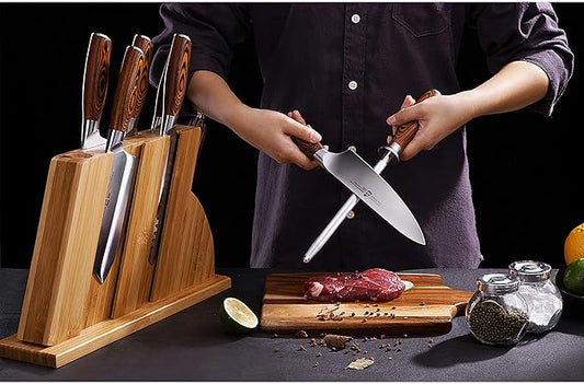 TUO Honing Rod, Sharpening Steel with Larger Diameter for Kitchen Knife Daily Honing Maintenance, High Carbon Steel 8" Knife Sharpener Rod, Ergonomic Handle