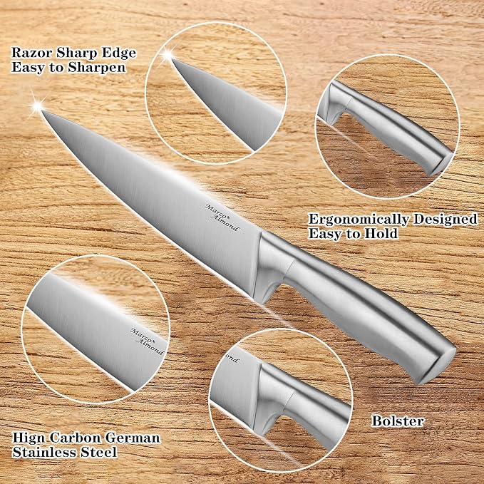 Marco Almond MA22 Knife Sets, 19 Pieces Stainless Steel Hollow Handle Kitchen Knives Block Set