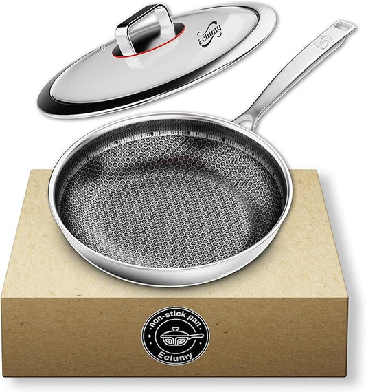 Non Stick Frying Pans, Stainless Steel Pans Tri-Ply Frying Pan with Lid, Non-Toxic PFAS PFOA PTFE Free, Metal Utensil Dishwasher & Oven Safe Induction Compatible (10-inch)