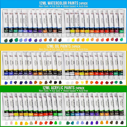 U.S. Art Supply 133-Piece Artist Painting Kit - Aluminum & Wood Easel, 24 Each (Acrylic, Oil, Watercolor Paints), 8 Canvases, 44 Brushes, 4 Paint & Sketch Pads - Painting Kits for Adults, Gift Set