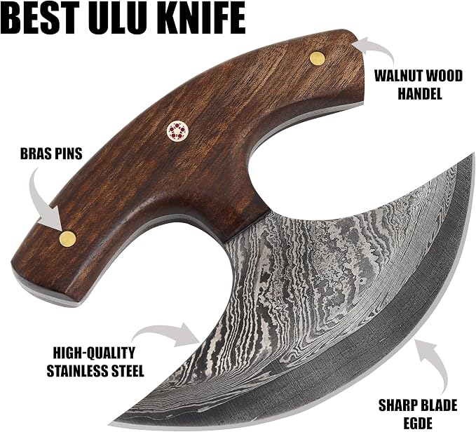 Custom Damascus Steel Ulu Knife Traditional Alaskan Damascus Ulu Knife with sheath Multi-Purpose Pizza Cutter, Vegetable Chopping, Boning Slicing Cutting Walnut Handle Leather Sheath
