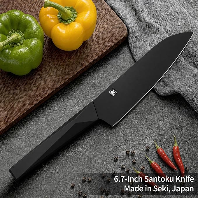 6.7 Inch Santoku Knife, Made in Japan, Matte Black High Carbon Molybdenum Stainless Steel Japanese Chef Knife with NonSlip Handle, Kitchen Knife for Modern Kitchen Gifts