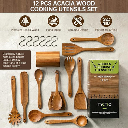 Wooden Utensil Set 12 PCS - Natural Non-Toxic Acacia Wooden Spoons for Cooking, Nonstick, Sturdy, Easy to Clean, Wood Kitchen Utensils Set with Holder, Spoon Rest & 6 Hooks, Ideal for Gifting