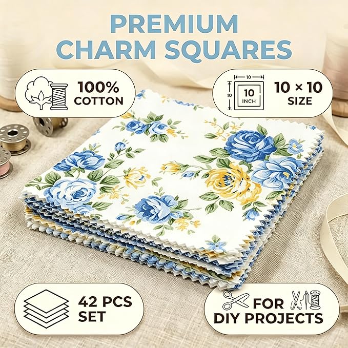 Nodsaw 42 Pcs 10" Layer Cake Precut Cotton Fabric Squares - Vintage Blue Floral Prints Fabric Quilt Squares 10x10 - Layer Cakes 10 inch Squares for Quilting, Sewing, and DIY Crafts, Sunshine Blooms