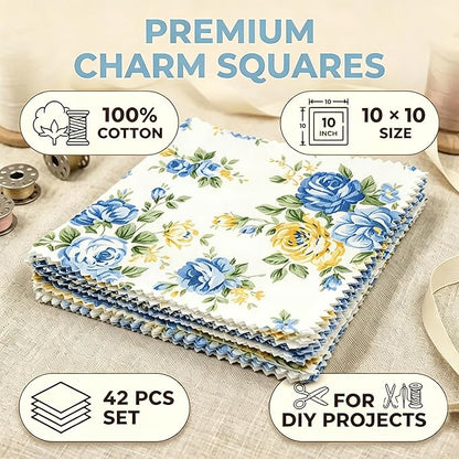 Nodsaw 42 Pcs 10" Layer Cake Precut Cotton Fabric Squares - Vintage Blue Floral Prints Fabric Quilt Squares 10x10 - Layer Cakes 10 inch Squares for Quilting, Sewing, and DIY Crafts, Sunshine Blooms
