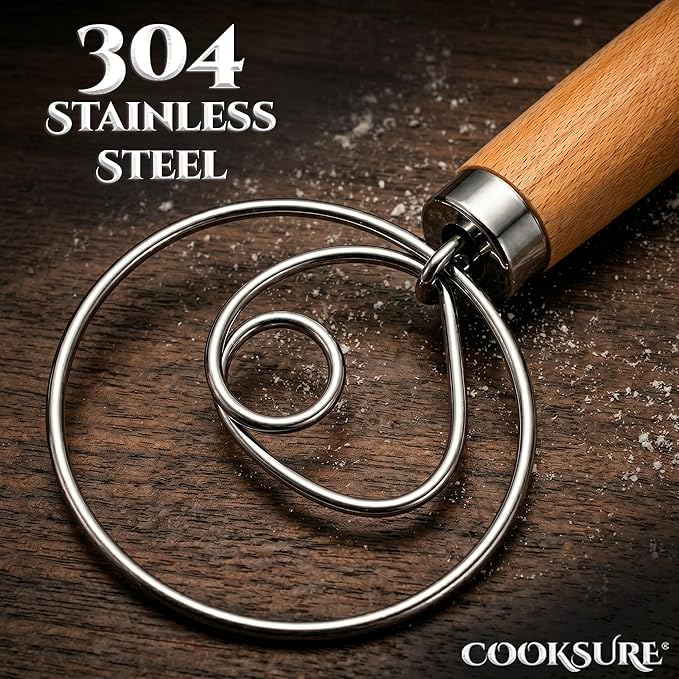 304 Stainless Steel Danish Dough Whisk for Sourdough 13 Inch – Super Sturdy Bread Whisk with Smooth Wooden Handle