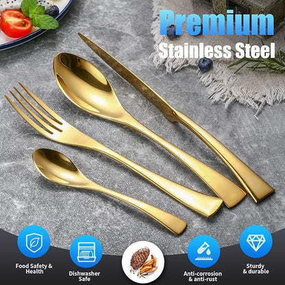 Lemeya 24 Pieces Gold Silverware Set for 6,Heavy Duty 18/10 Stainless Steel Flatware Set with Forged Stand Knife,Modern Cutlery Utensil Set,Mirror Polished,Dishwasher Safe