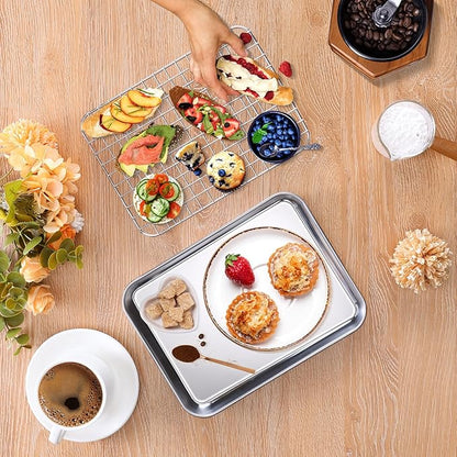 Homikit Toaster Oven Pan with Rack Set (2 Small Baking Sheets+2 Grill Racks), 9 x 7 Inch Stainless Steel Small Cookie Sheets Bacon Tray with Cooling Racks for Baking Roasting, Dishwasher Safe