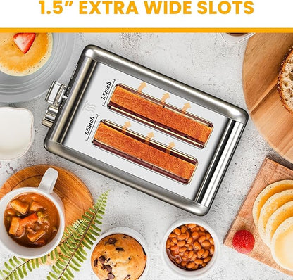 Simple Deluxe 2-Slice Toaster, 6 Browning Setting and 3 Function Stainless Steel Toaster, Extra Wide Slot & Removable Crumb Tray, for Bread & Waffle, Silver