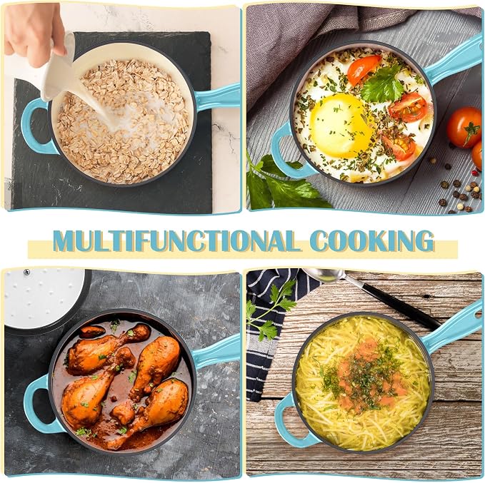 E-far Enameled Cast Iron Sauce Pan, 2 Quart Dutch Oven Saucepan with Lid, Small Sauce Pot for Cooking, Boiling, Healthy & Non Toxic, Induction & Oven Safe, Light Blue