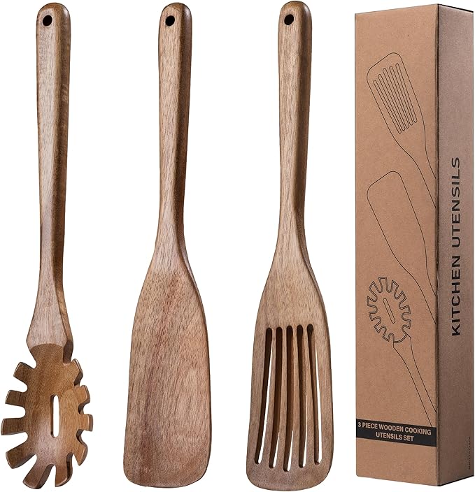 Wooden Kitchen Spatula for Cooking - 3 Pcs Set, Natural Acacia Wood Pasta Spoon with Teeth Spaghetti Fork for Serving Pasta, Non-Stick Cooking Spurtle Utensils for Kitchen Use