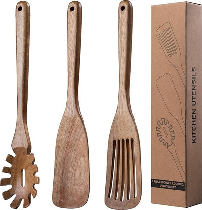Wooden Kitchen Spatula for Cooking - 3 Pcs Set, Natural Acacia Wood Pasta Spoon with Teeth Spaghetti Fork for Serving Pasta, Non-Stick Cooking Spurtle Utensils for Kitchen Use