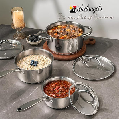 MICHELANGELO Saucepan Set 6pc, 18/10 Stainless Steel Saucepans with Lids, Tri-Ply Bottom, Dual Handle 3QT, Induction Compatible Sauce Pots, 1QT & 2QT & 3QT