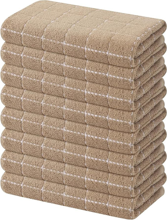 Mordimy 100% Cotton Terry Cloth Kitchen Towels, Super Soft and Absorbent Dish Towels for Drying, Checkered Designed Hand Towels for Kitchen, 16 x 26 Inches, 8 Pack, Tan