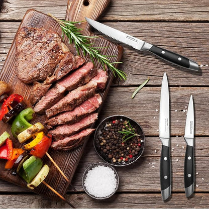 3-Piece Kitchen Knife Set,Fruit Knife Set,Precision Forged High-Carbon Stainless Steel, Black Ergonomic Handle, 3.5" & 5" Straight & Serrated Edge