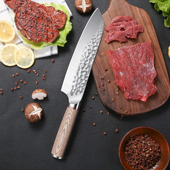 Huusk Japanese Chef Knife for Home & Kitchen - 7" Stainless Santoku Knife with Ultra Sharp High Carbon Blade, Cooking Knifes for Vegetable & Meat Cutting with Wood Handle, Gift Idea for Cooking Lovers