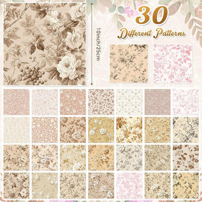 Tatuo 30 Pcs 10 x 10 Inches Dusty Rose Brown Cotton Fabric Bundle Squares Patchwork Floral Fabric Sewing Quilting Bundles Assorted Pattern Cloth for DIY Scrapbook Craft Making