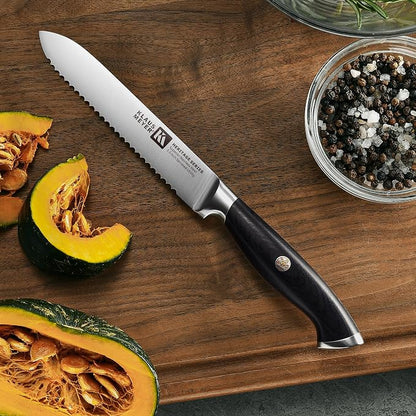 Klaus Meyer 8-Piece Kitchen Knife Set, German High Carbon Steel Pakka Wood Handle Chef Knife Set With Block, Ultra Sharp With Scissors, Sharpener Rod.