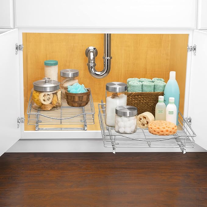 LYNK PROFESSIONAL® Pull Out Cabinet Organizer, 11" x 18" Slide Out Cabinet Organizer Pull Out Drawer – Pull Out Shelves for Kitchen Cabinets – Under Sink Organizers - Lifetime Ltd. Warranty, Chrome